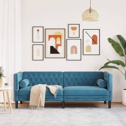 Canapé Chesterfield avec traversins 3 places bleu velours 