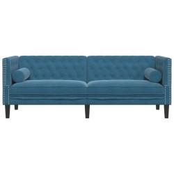 Canapé Chesterfield avec traversins 3 places bleu velours 