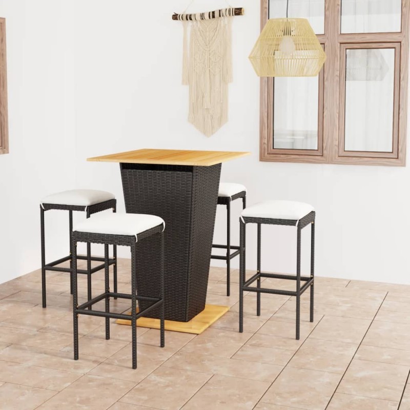 Ensemble de bar de jardin 5 pcs et coussins Résine tressée Noir 