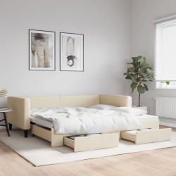Lit de jour avec gigogne et tiroirs crème 100x200 cm tissu 
