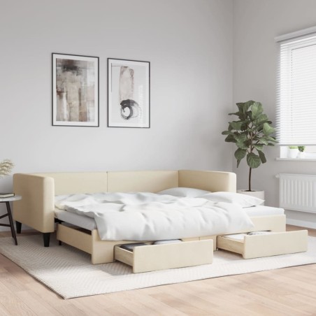 Lit de jour avec gigogne et tiroirs crème 100x200 cm tissu 