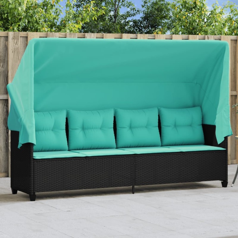Chaise longue avec auvent et coussins noir résine tressée 