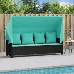 Chaise longue avec auvent et coussins noir résine tressée 