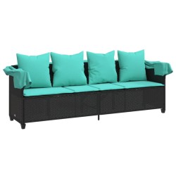 Chaise longue avec auvent et coussins noir résine tressée 