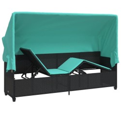 Chaise longue avec auvent et coussins noir résine tressée 
