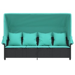 Chaise longue avec auvent et coussins noir résine tressée 