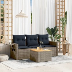 Salon de jardin 4 pcs avec coussins gris résine tressée 