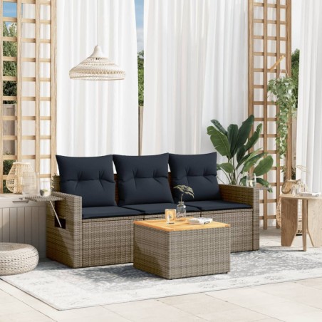 Salon de jardin 4 pcs avec coussins gris résine tressée 