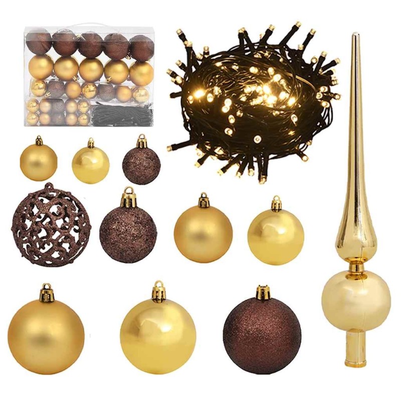 Set de boules de Noël avec pic et 150 LED 61 pcs Doré et bronze 