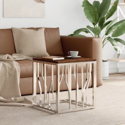 Table basse argenté acier inoxydable/bois massif récupération 