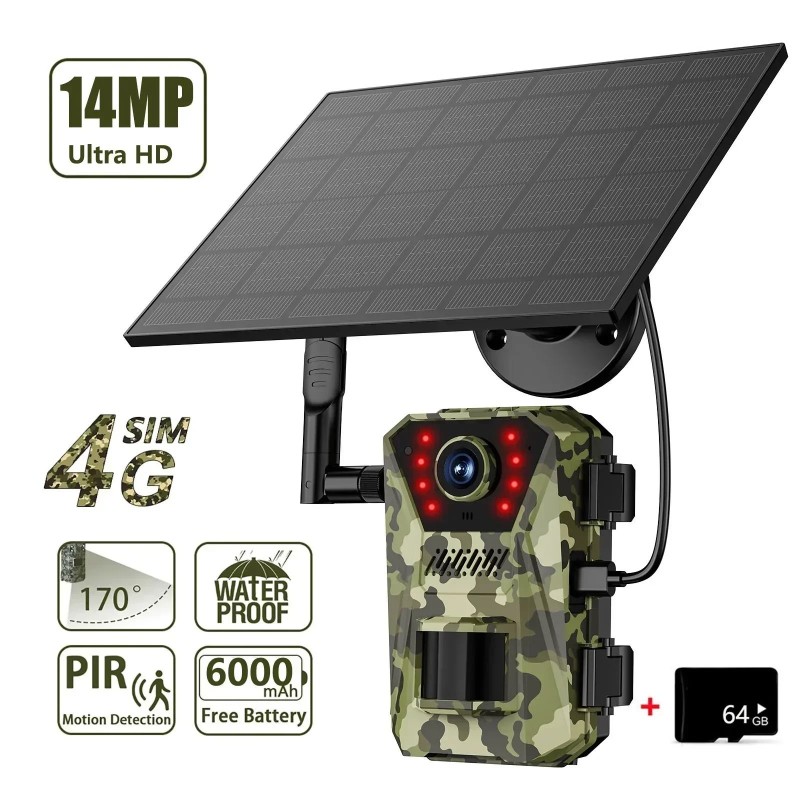 Caméra solaire de chasse et de sentier, 14mp, 4G, étanche, 20M, détect Caméra solaire de chasse et de sentier, 14mp, 4G, étanche, 20M, détect