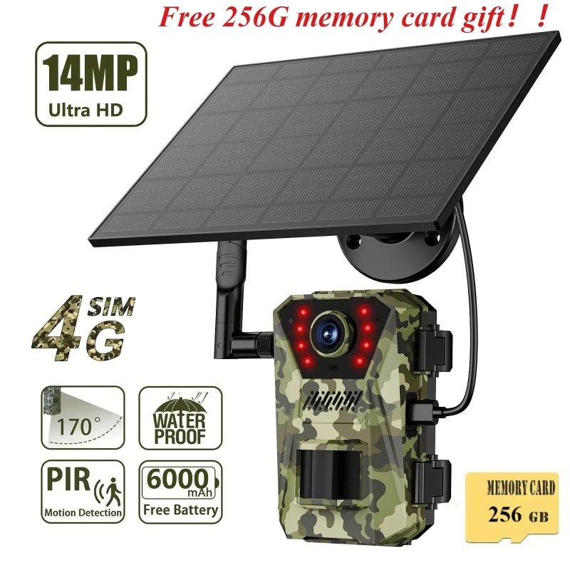 Caméra solaire de chasse et de sentier, 14mp, 4G, étanche, 20M, détect Caméra solaire de chasse et de sentier, 14mp, 4G, étanche, 20M, détect