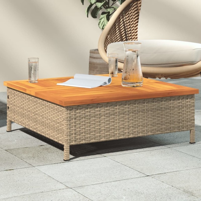 Table de jardin beige 70x70x25 cm résine tressée et bois acacia 