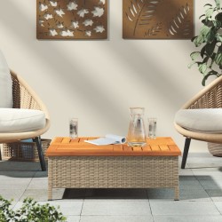 Table de jardin beige 70x70x25 cm résine tressée et bois acacia 