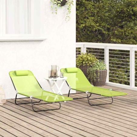 Chaises longues pliantes 2 pcs avec appui-tête en Textilène verte 