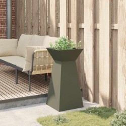 Poteau de jardin avec bol vert olive 35x35x73 cm en acier 