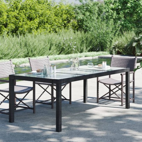 Table de jardin Noir 190x90x75 cm Verre trempé/résine tressée 