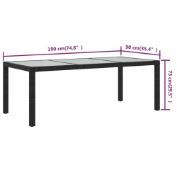 Table de jardin Noir 190x90x75 cm Verre trempé/résine tressée 