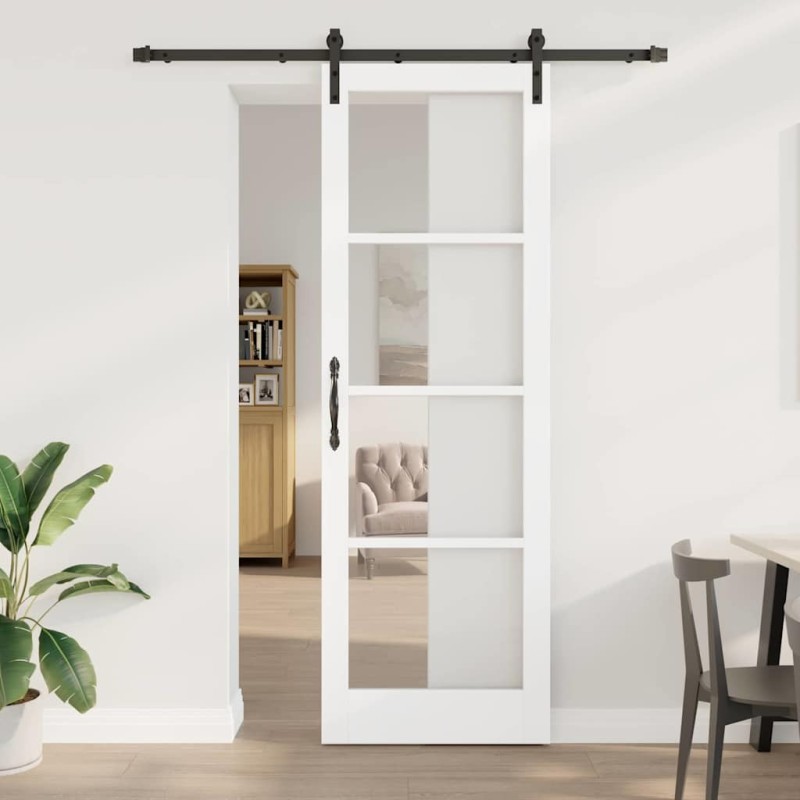 Porte coulissante avec quincaillerie 'ORKDAL'en bois massif blanc et verre 