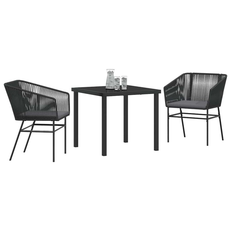 Ensemble de salle à manger jardin de 3 pièces avec coussins en poly rotin noir. 