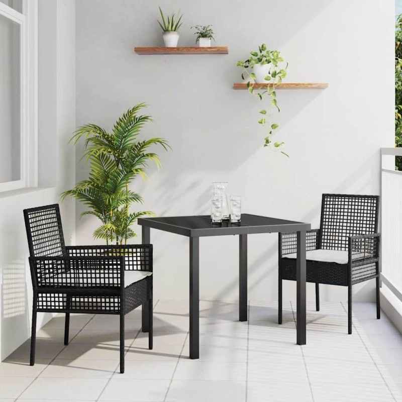 Ensemble de salle à manger de jardin 3 pièces avec coussins noir en rotin synthétique 