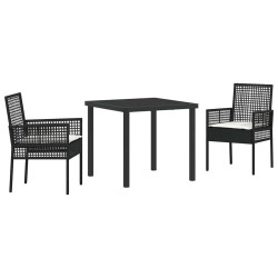 Ensemble de salle à manger de jardin 3 pièces avec coussins noir en rotin synthétique 