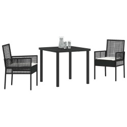 Ensemble de salle à manger de jardin 3 pièces avec coussins noir en rotin synthétique 