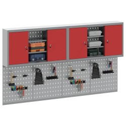 Ensemble de cabinet à outils et de panneau perforé de 4 pièces monté sur le mur en métal rouge 