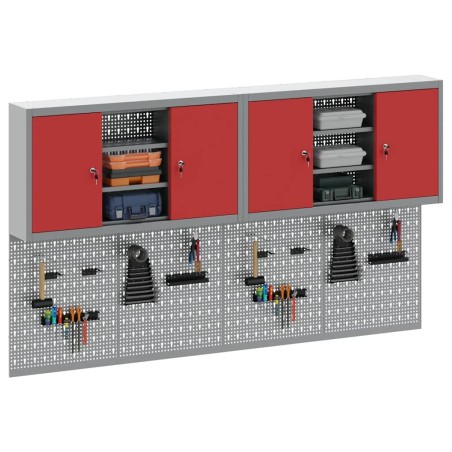 Ensemble de cabinet à outils et de panneau perforé de 4 pièces monté sur le mur en métal rouge 