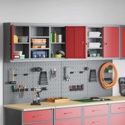 Ensemble de cabinet à outils et de panneau perforé de 4 pièces monté sur le mur en métal rouge 