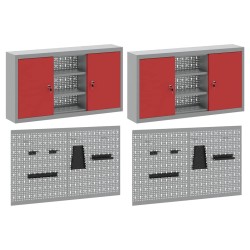 Ensemble de cabinet à outils et de panneau perforé de 4 pièces monté sur le mur en métal rouge 