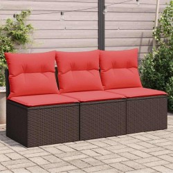 Sofa de jardin 3 places avec des coussins en poly rattan marron. 