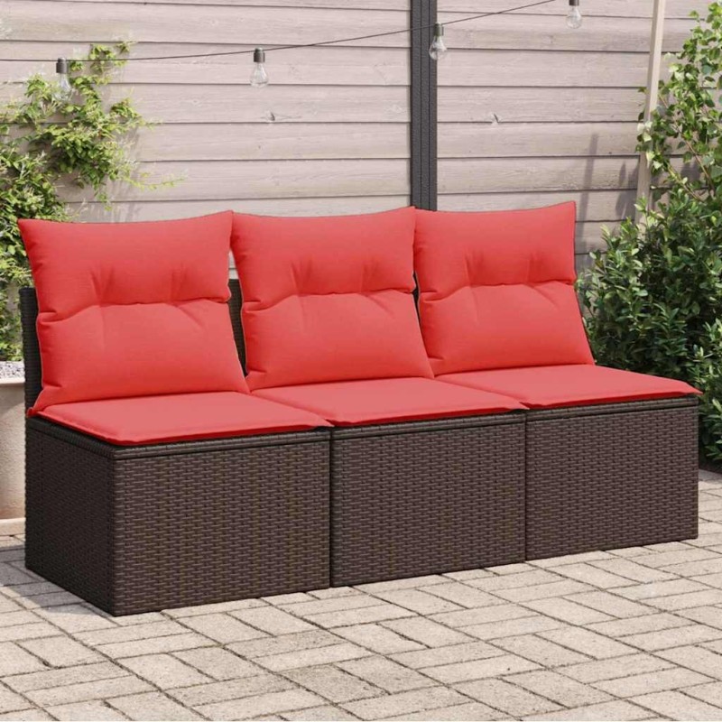 Sofa de jardin 3 places avec des coussins en poly rattan marron. 