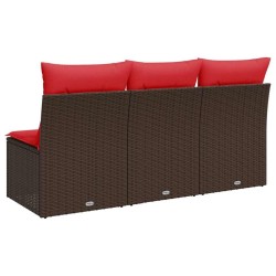 Sofa de jardin 3 places avec des coussins en poly rattan marron. 