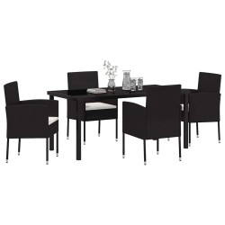 Ensemble de repas de jardin de 5 pièces avec coussins en noir poly rotin 