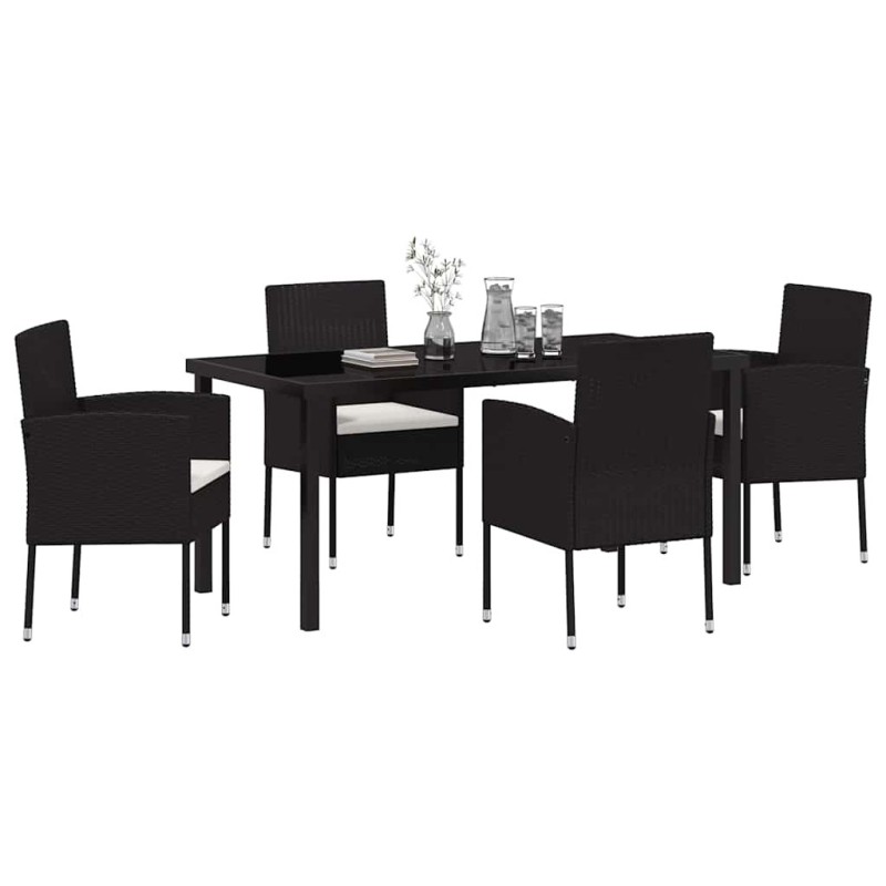 Ensemble de repas de jardin de 5 pièces avec coussins en noir poly rotin 