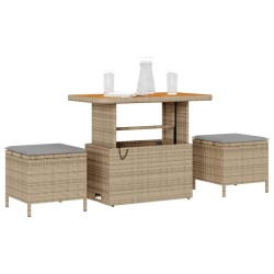 Ensemble de Salle à Manger de Jardin à 3 Pièces avec Coussins Beige en Poly Rattan et Acacia 