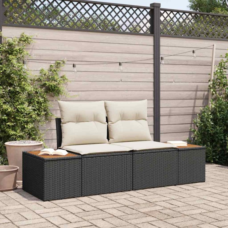 Canapé de jardin 2 places avec coussins en poly rattan noir 