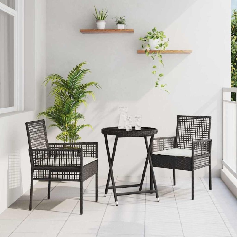 Ensemble de Bistro de Jardin 3 Pièces avec Coussins Noir en Poly Rattan 