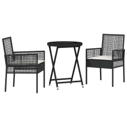 Ensemble de Bistro de Jardin 3 Pièces avec Coussins Noir en Poly Rattan 