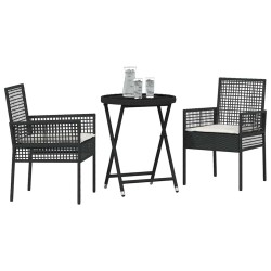Ensemble de Bistro de Jardin 3 Pièces avec Coussins Noir en Poly Rattan 