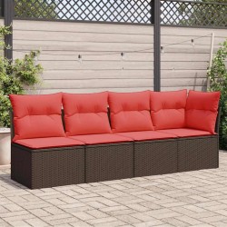 Canapé de jardin avec coussins 4 places en poly rotin marron 
