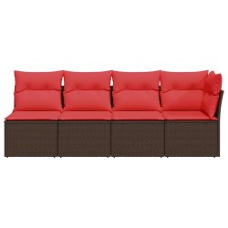 Canapé de jardin avec coussins 4 places en poly rotin marron 