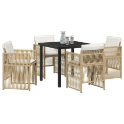 Ensemble de salle à manger de jardin 5 pièces avec coussins en poly rattan beige. 