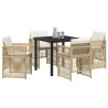 Ensemble de salle à manger de jardin 5 pièces avec coussins en poly rattan beige. 