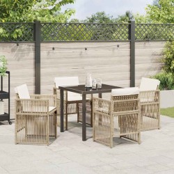 Ensemble de salle à manger de jardin 5 pièces avec coussins en poly rattan beige. 