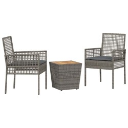 Ensemble Bistro de Jardin 3 Pièces avec Coussins Gris en Poly Rattan 