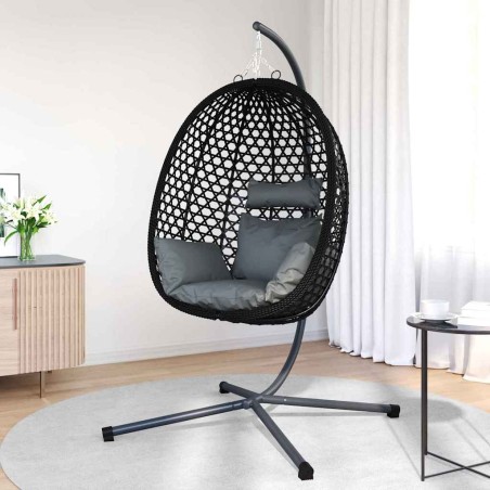 Panier chaise œuf suspendue avec support anthracite en poly rattan 