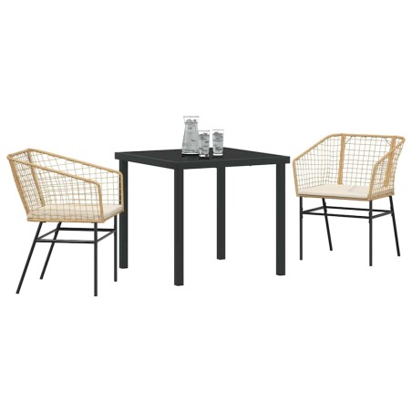 Ensemble de salle à manger de jardin 3 pièces avec coussins, en poly rotin marron. 