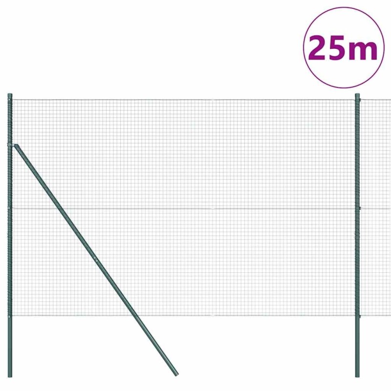 Clôture en fil soudé avec 13 poteaux verts 1.6x25 m en acier 